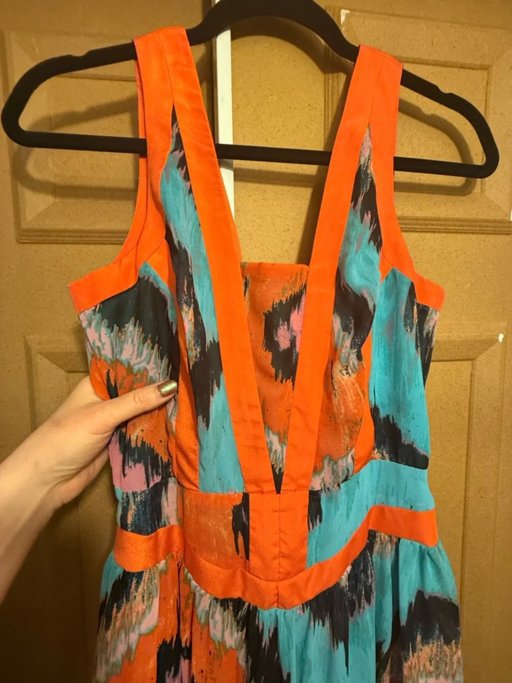 Gianni Bini Colorful Maxi Dress V-Neck Turquoise Orange Print Size M - Picture 7 of 15